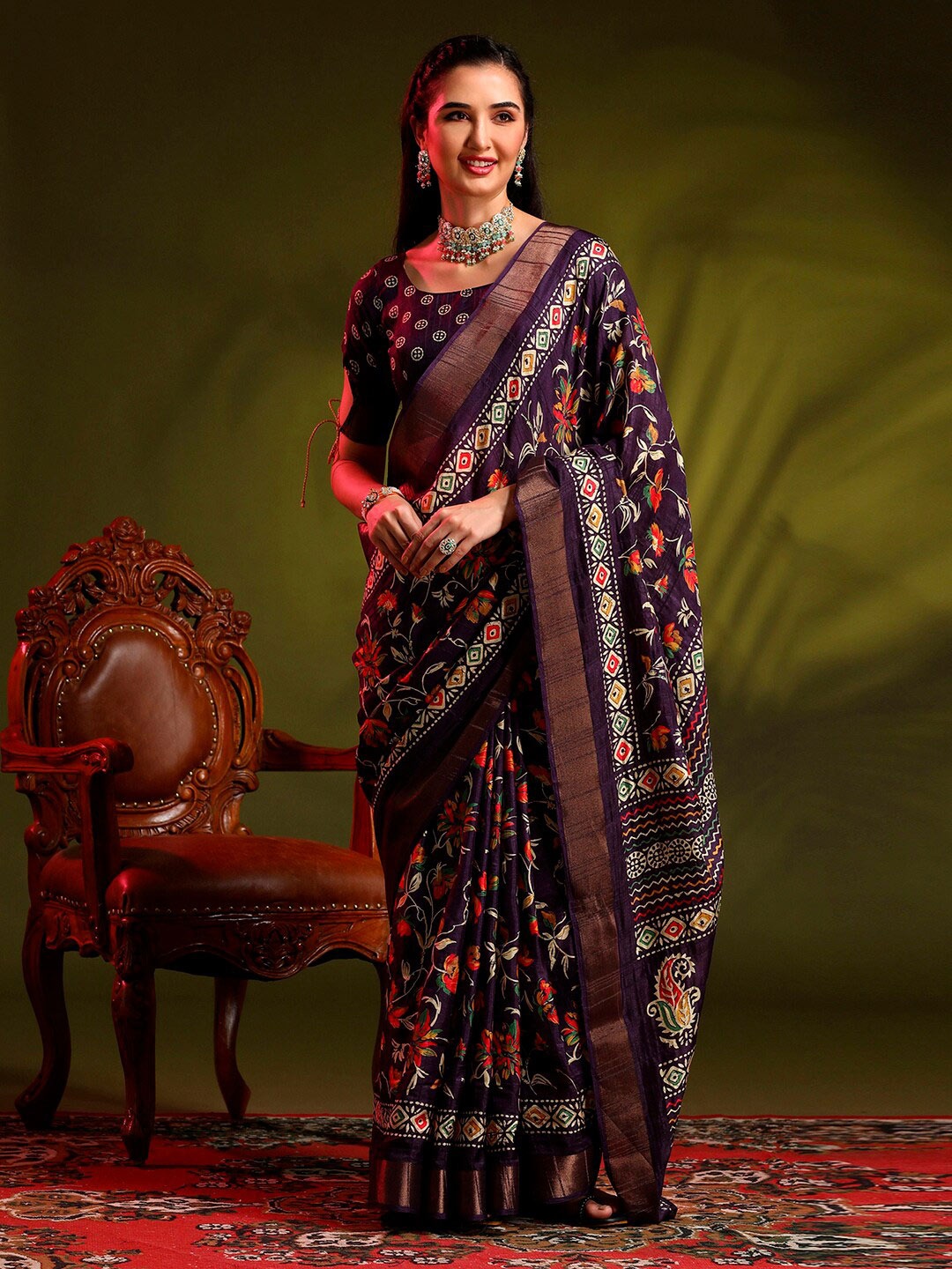 

Anouk Purple Floral Printed Zari Sungudi Saree