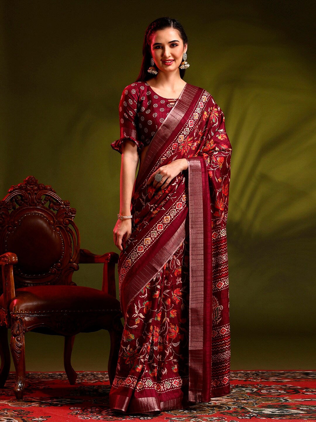 

Anouk Maroon Floral Printed Zari Sungudi Saree