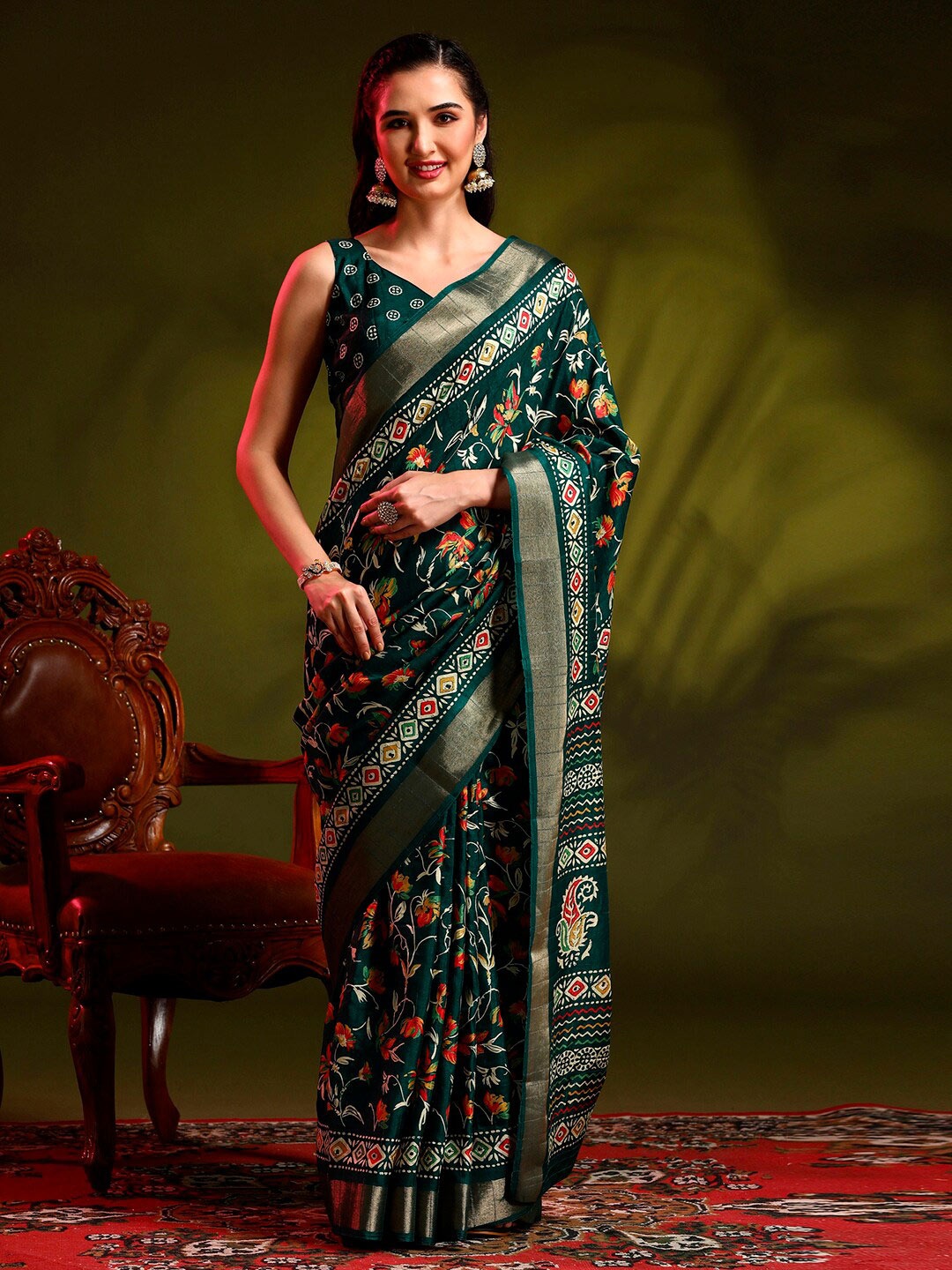 

Anouk Rustic Teal Green Floral Printed Zari Detailed Saree