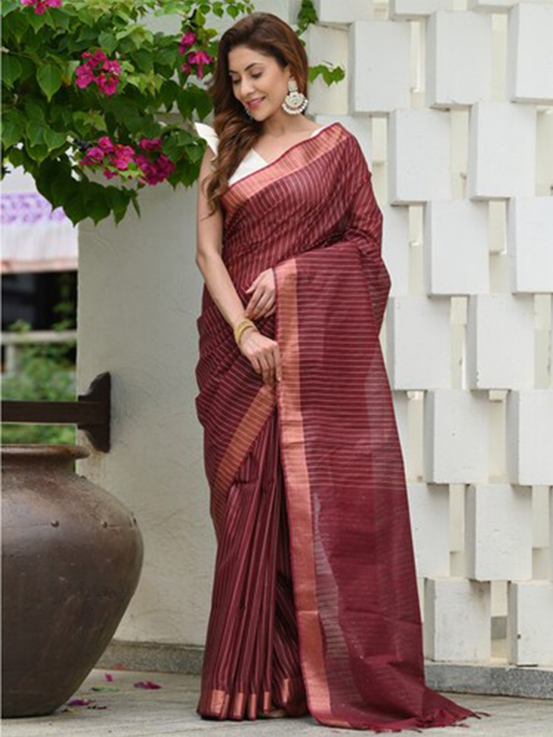 

BEATITUDE Striped Kota Saree, Maroon