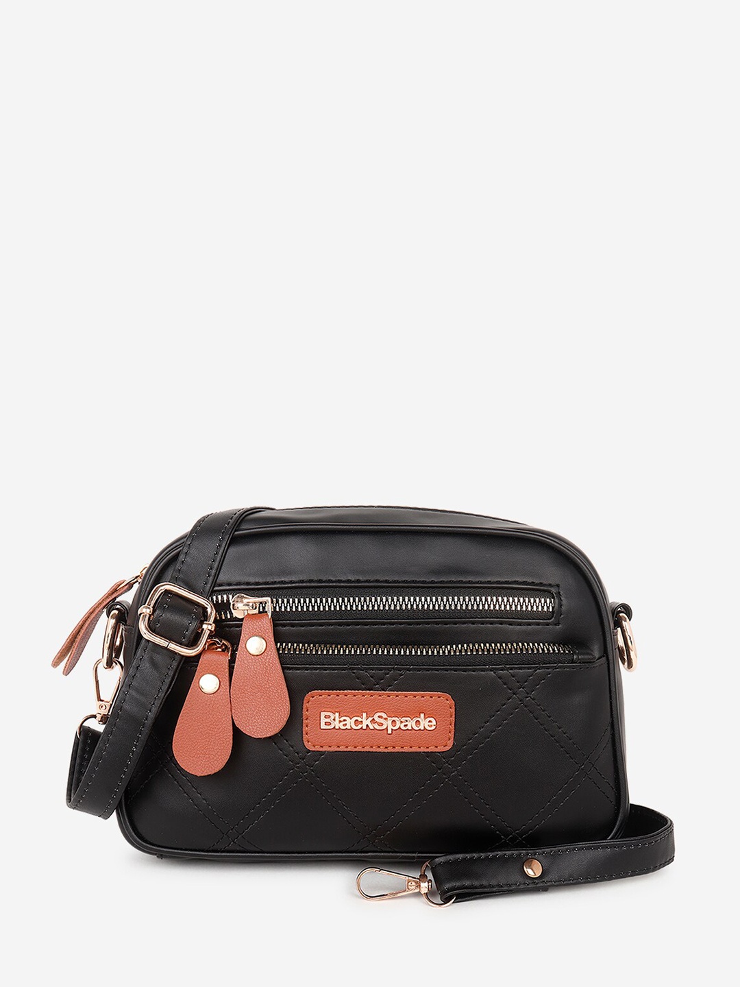 

Black Spade Textured Structured Sling Bag With Quilted