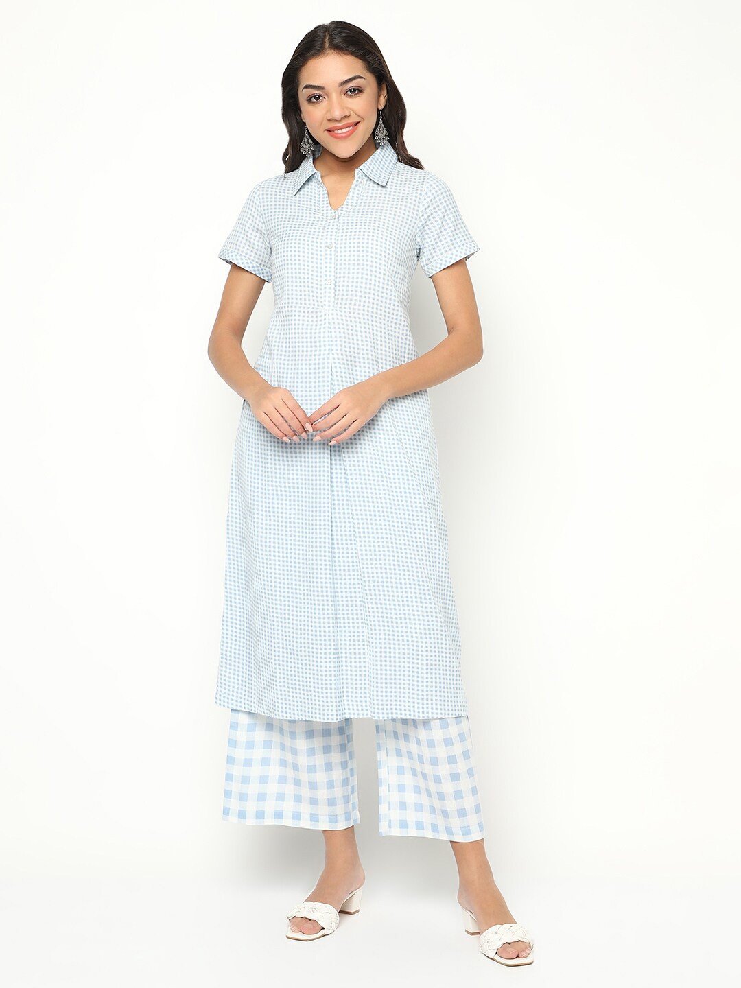 

BARARA ETHNIC Checked Pure Cotton Shirt Collar A-line Kurta with Trousers, Blue