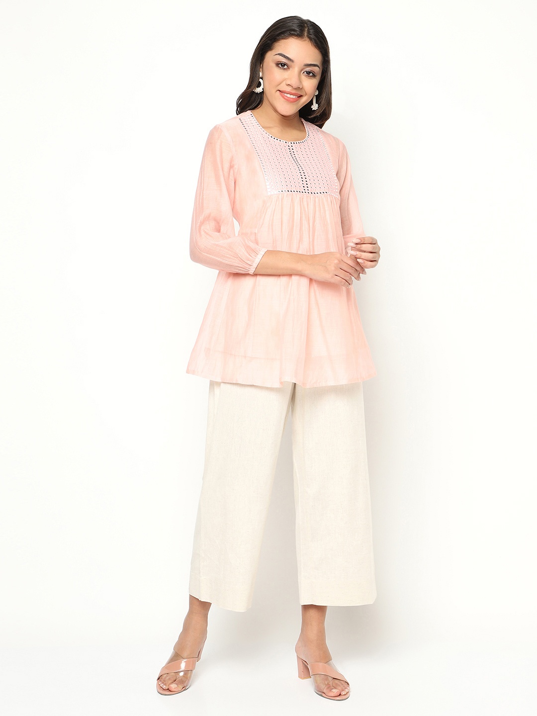 

BARARA ETHNIC Sequin Embellished A-line Kurti with Trousers, Pink