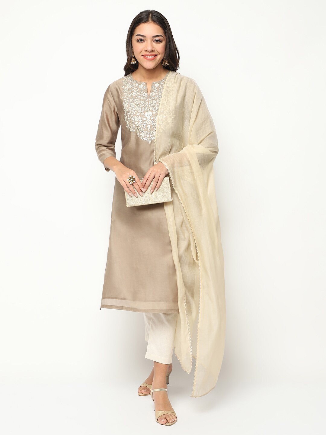 

BARARA ETHNIC Floral Yoke Design Thread Work Kurta with Trousers & Dupatta, Beige
