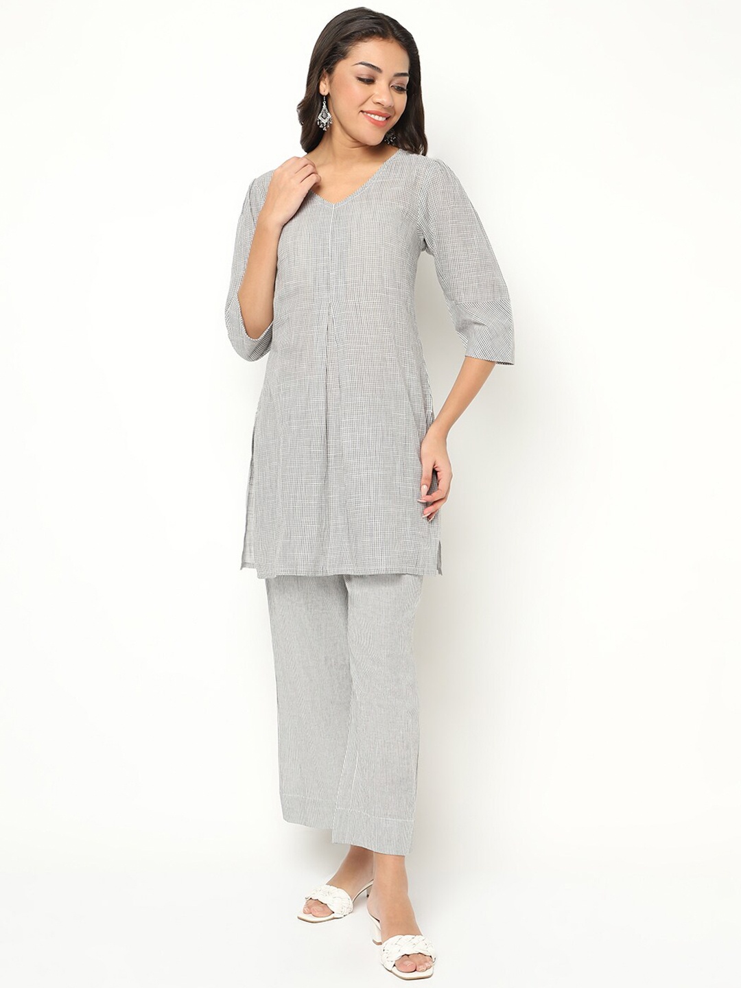 

BARARA ETHNIC Checked Pure Cotton Kurta with Trousers, Grey