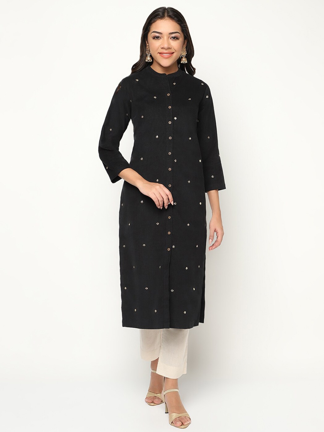 

BARARA ETHNIC Embroidered Mandarin Collar Pure Cotton Straight Kurta Set, Black