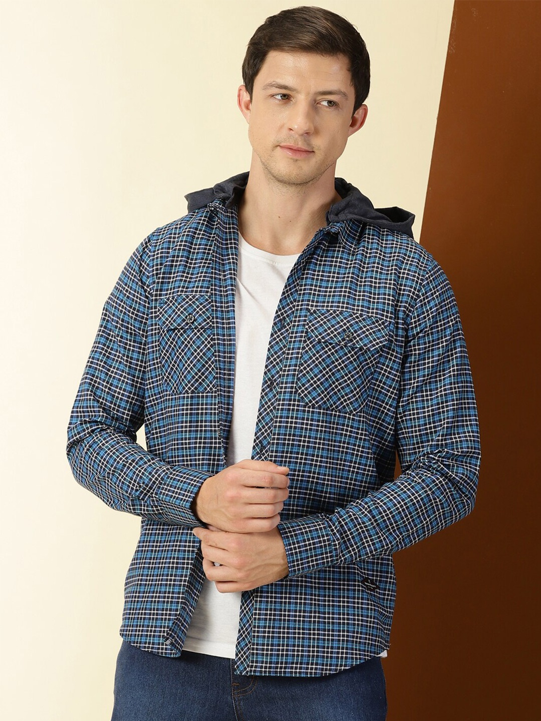 

Thomas Scott Men Classic Hood Collar Checked Opaque Checked Casual Shirt, Blue