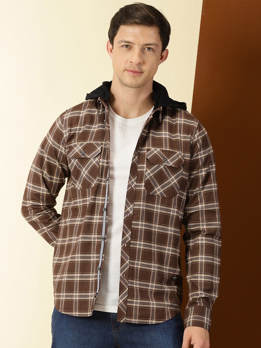 

Thomas Scott Classic Collar Tartan Opaque Checked Casual Flannel Hooded Shirt, Brown