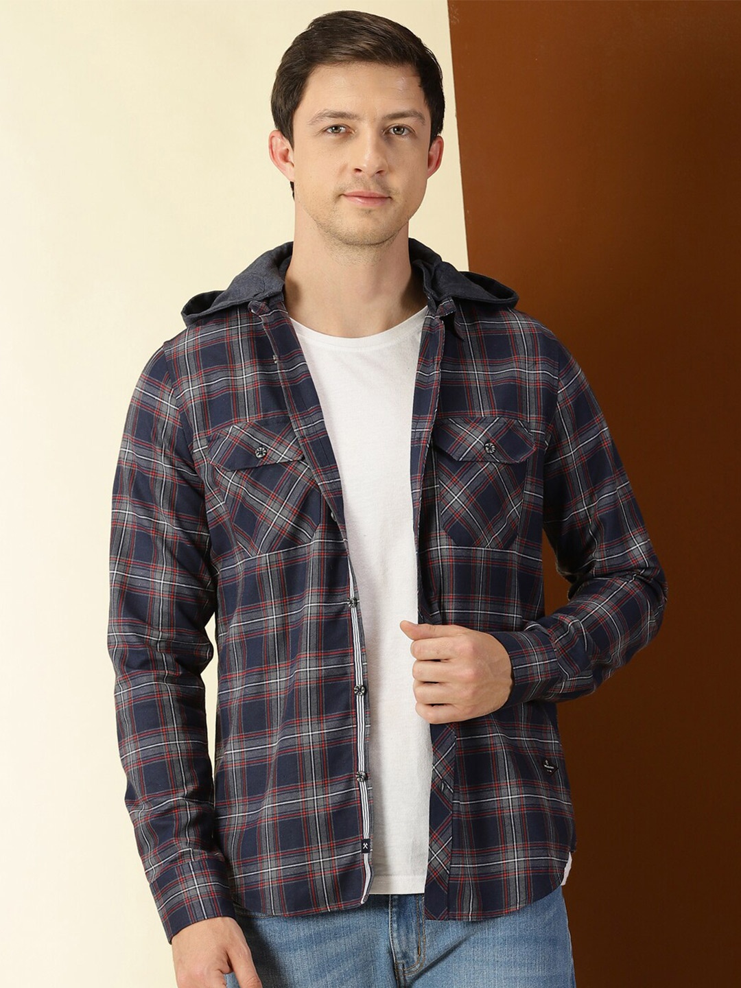 

Thomas Scott Men Classic Hood Collar Tartan Checked Casual Flannel Shirt, Navy blue