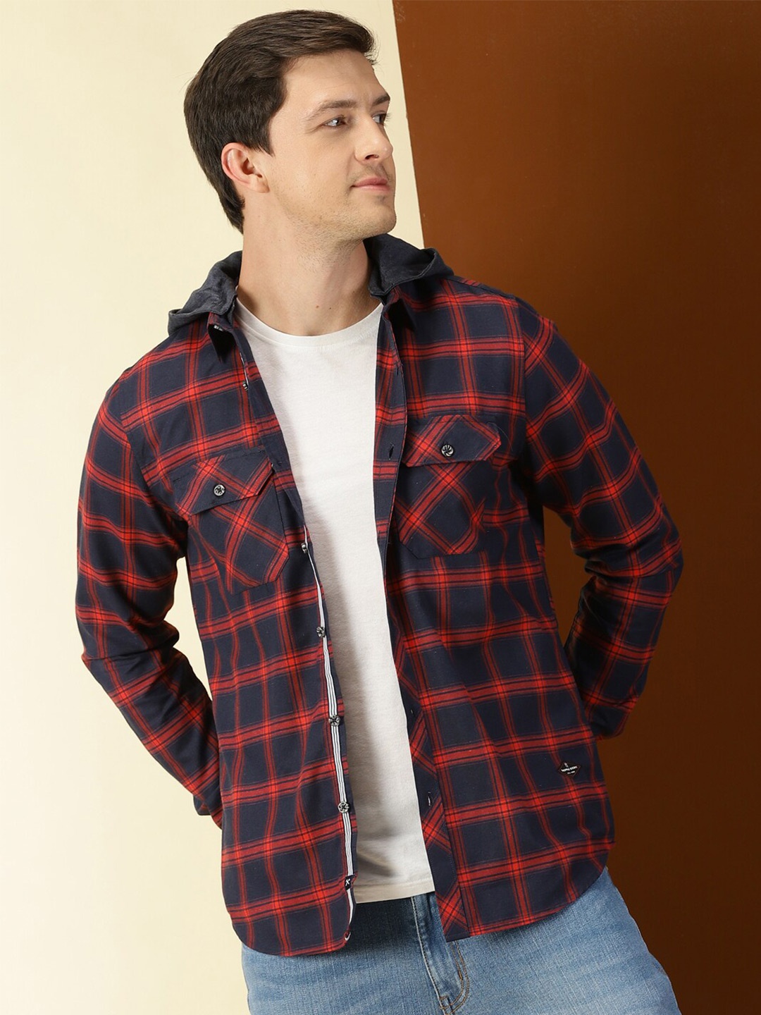 

Thomas Scott Classic Hood Collar Tartan Checks Opaque Checked Casual Shirt, Red