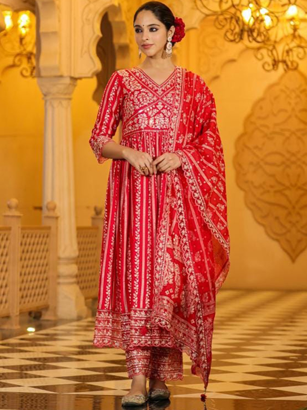 

KAJREE Ethnic Motifs Embroidered Sequined A-Line Kurta with Salwar & Dupatta, Red