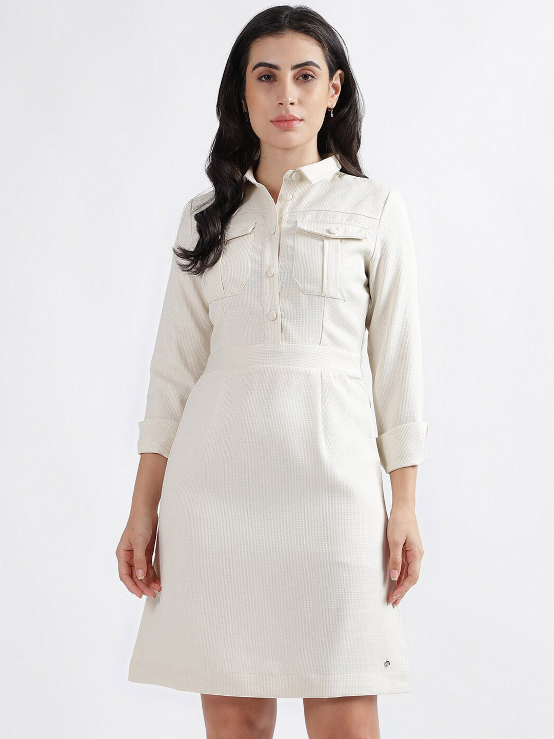 

Iconic Self Design Shirt Collar A-Line Dress, Off white