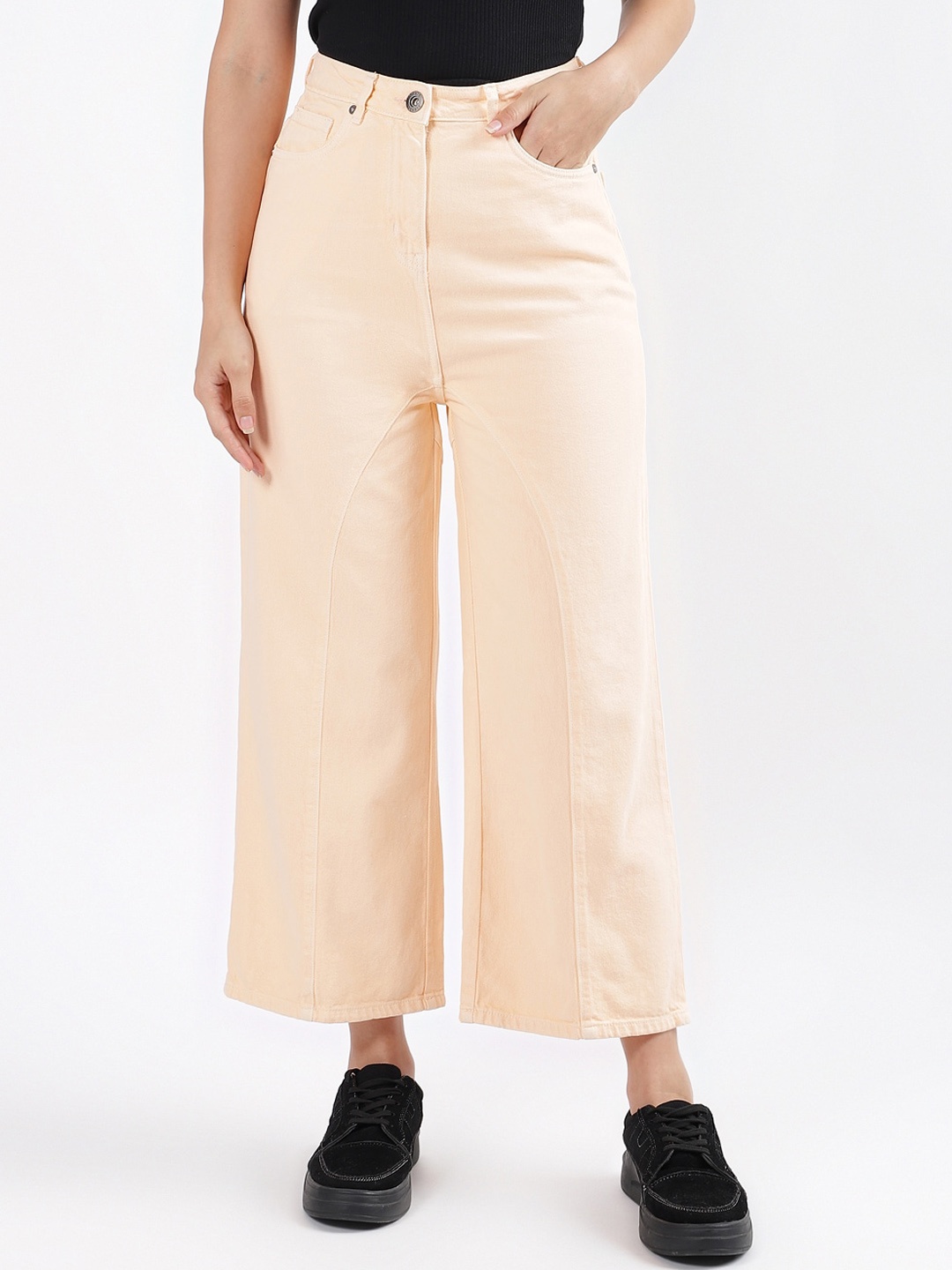 

Iconic Women Mid-Rise Clean Look Pure Cotton Flared Jeans, Orange