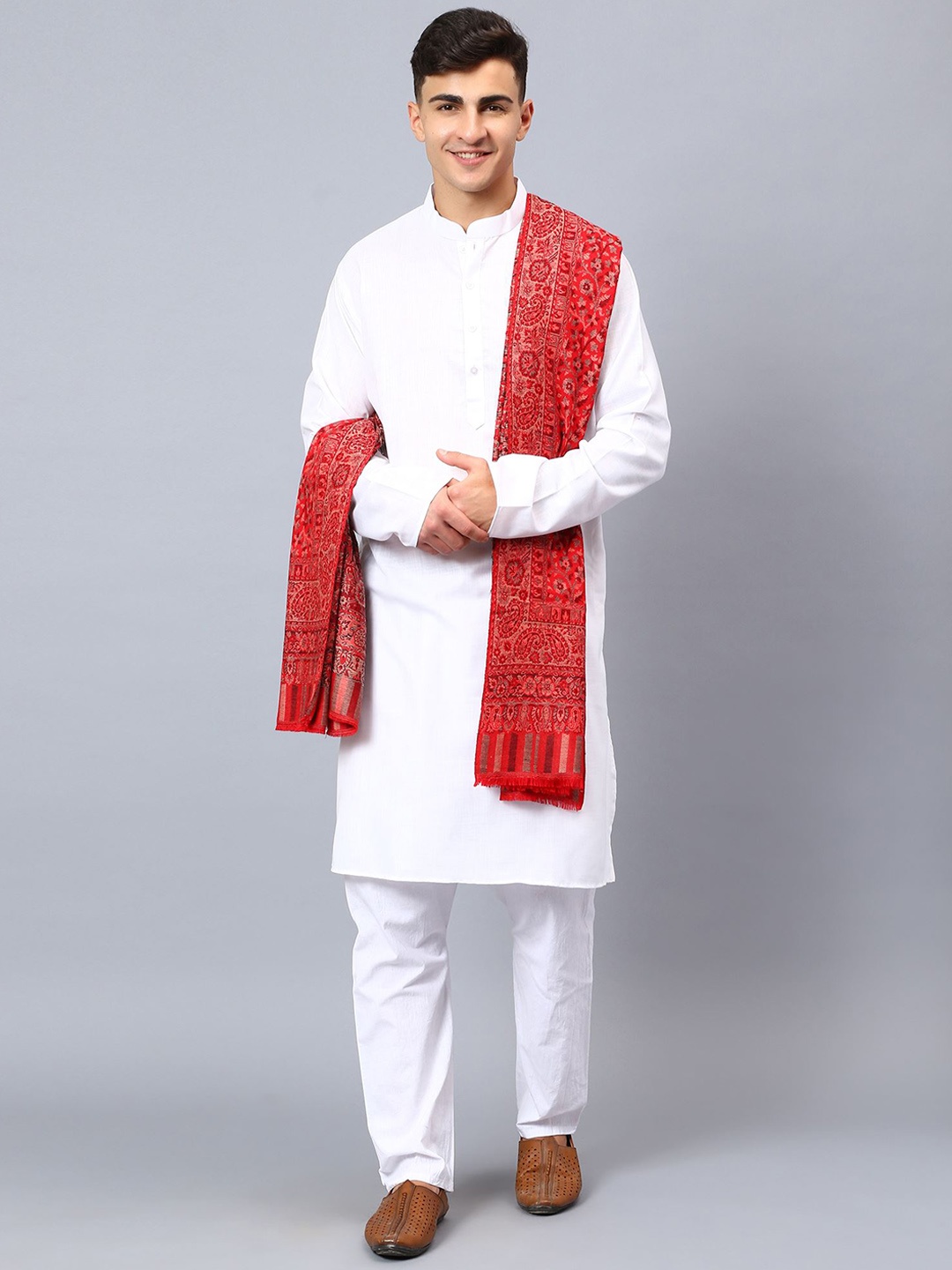 

Moda Chales Men Floral Woven Design Fringed Shawl, Red