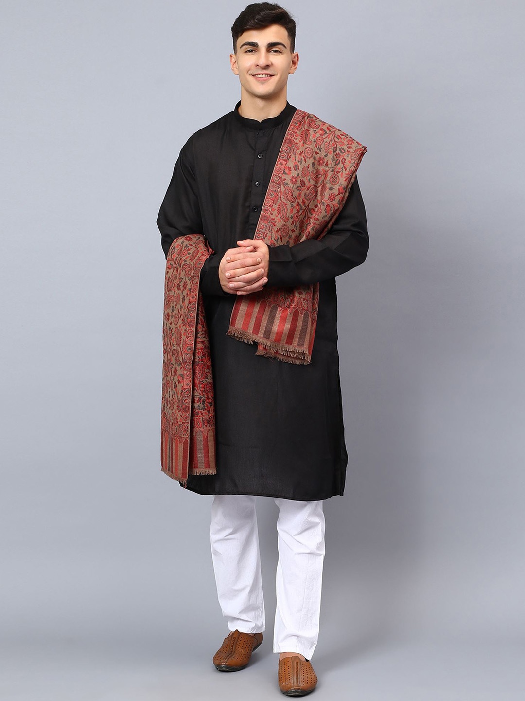 

Moda Chales Men Floral Woven Design Fringed Shawl, Brown