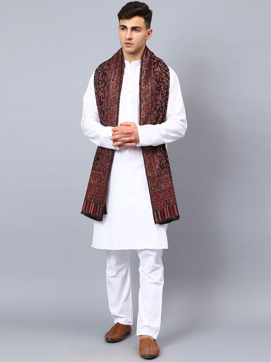 

Moda Chales Men Floral Woven Design Fringed Shawl, Black