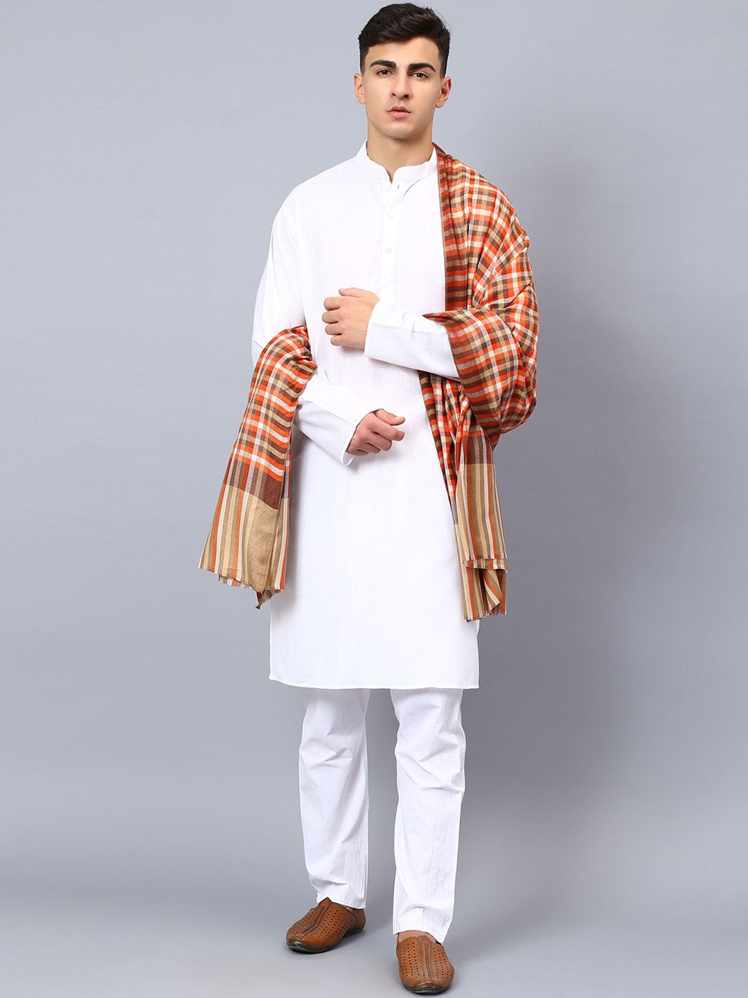

Moda Chales Men Checked Woven Design Fringed Shawl, Orange