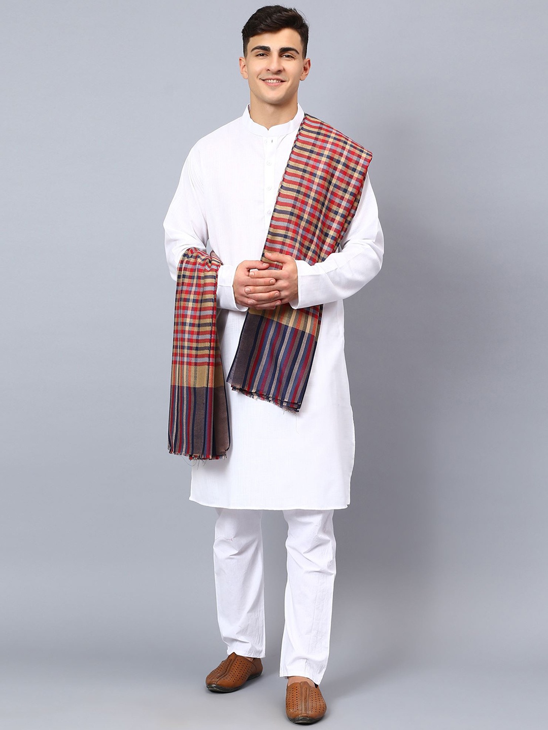 

Moda Chales Men Checked Woven Design Fringed Shawl, Navy blue