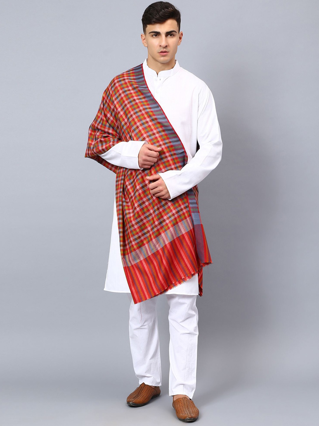 

Moda Chales Men Checked Woven Design Fringed Shawl, Brown