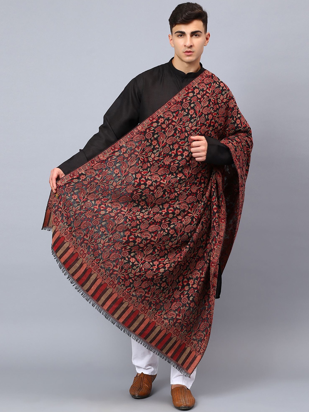 

Moda Chales Men Floral Woven Design Woollen Shawl, Black