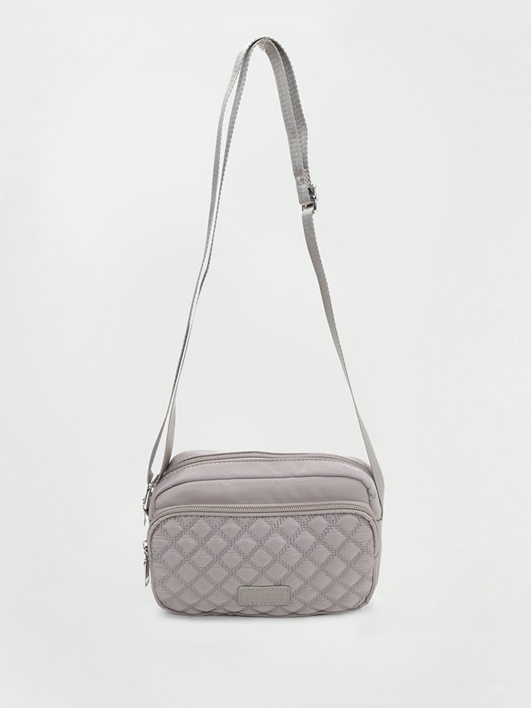 

max Geometric Textured Structured Sling Bag with Quilted, Grey