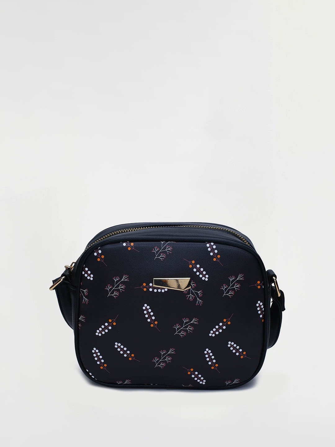 

max Floral Printed PU Structured Sling Bag, Black