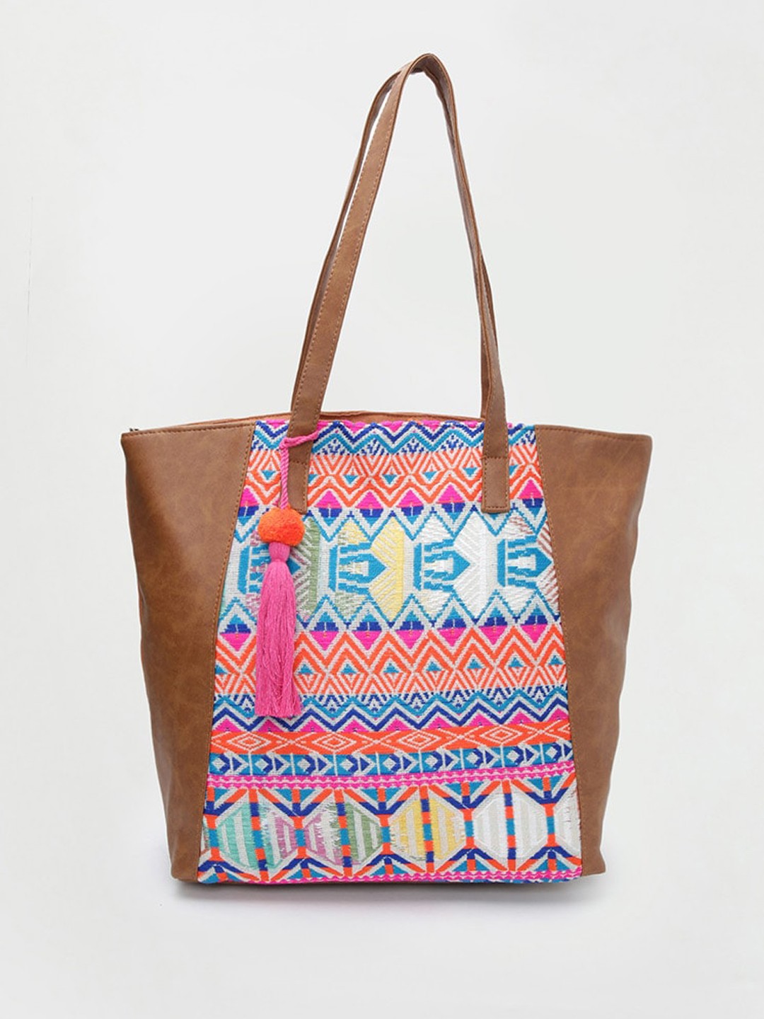 

max Geometric Printed Shopper Pure Cotton Tote Bag With Tasselled, Brown