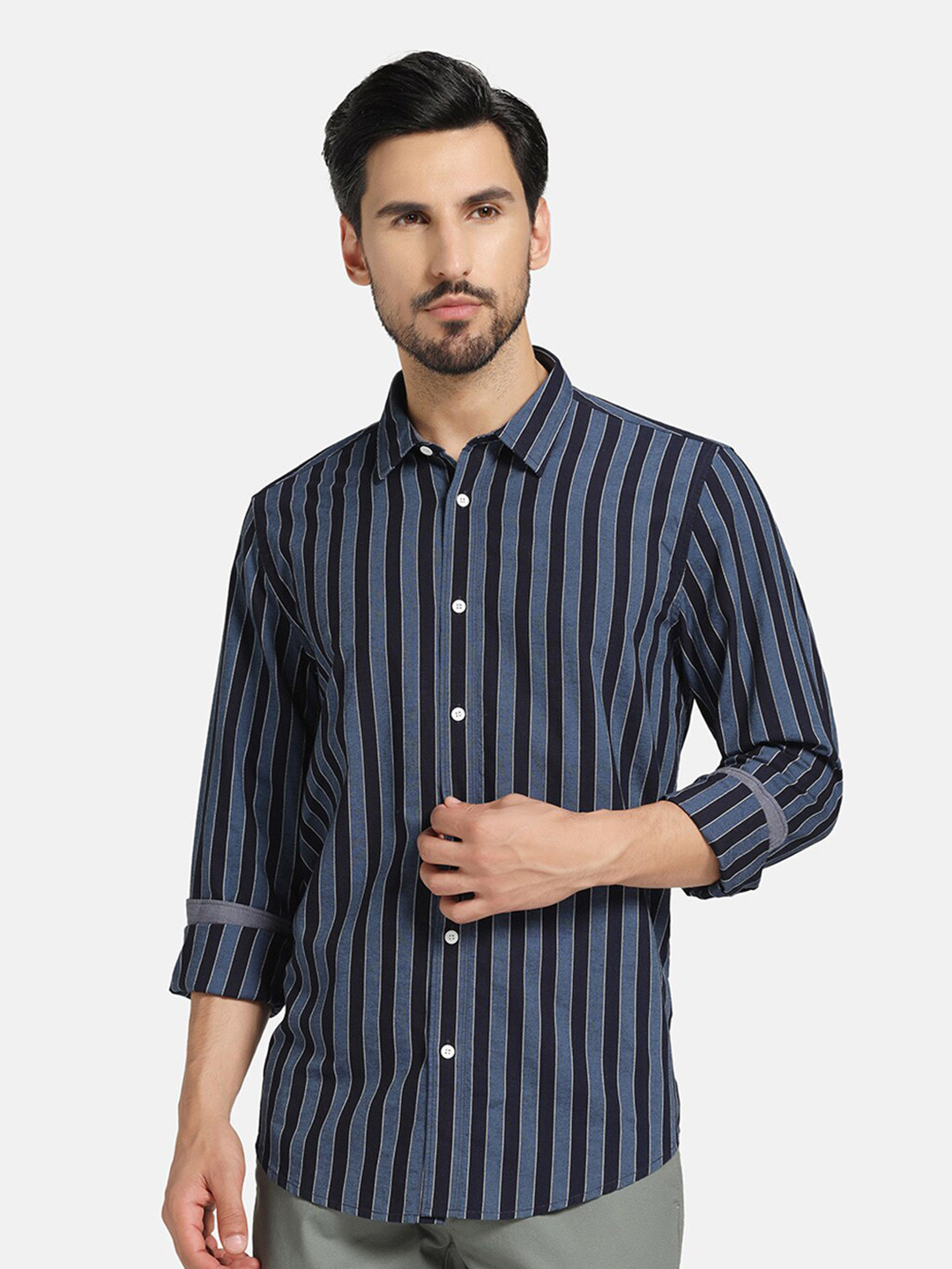 

Blackberrys Vertical Striped India Slim Fit Twill Cotton Casual Shirt, Blue