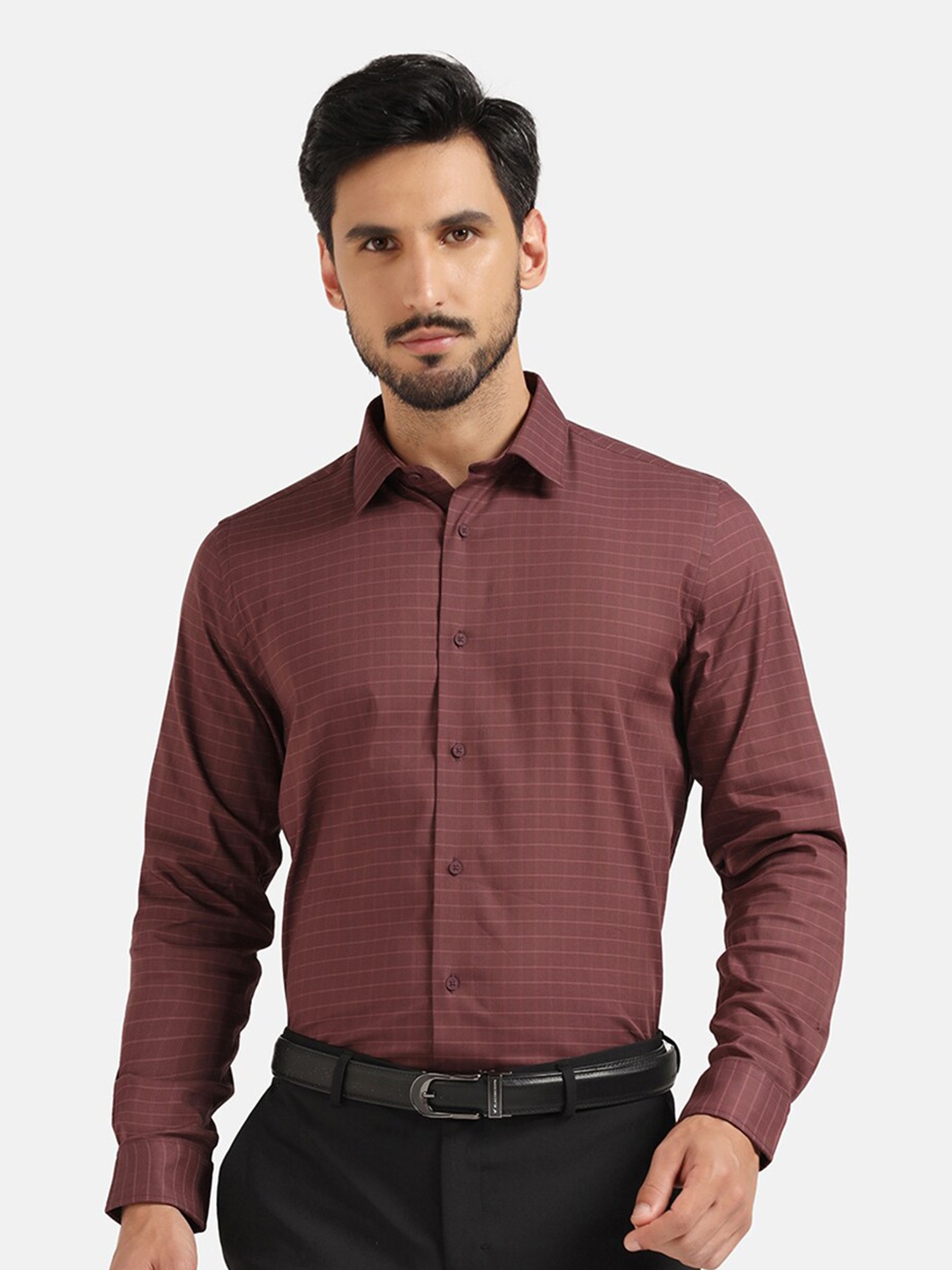 

Blackberrys TechPro Men Dusty Pink Check Formal Shirts, Brown