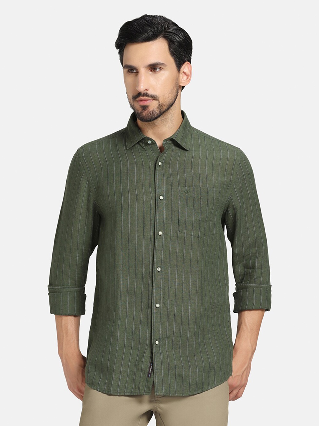 

Blackberrys India Slim Fit Vertical Striped Twill Weave Cotton Casual Shirt, Green