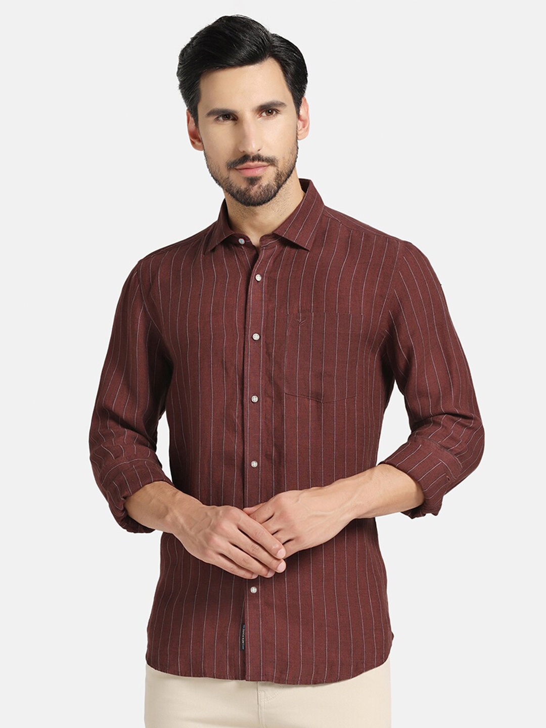 

Blackberrys Slim Fit Striped Twill Weave Cotton Casual Shirt, Maroon