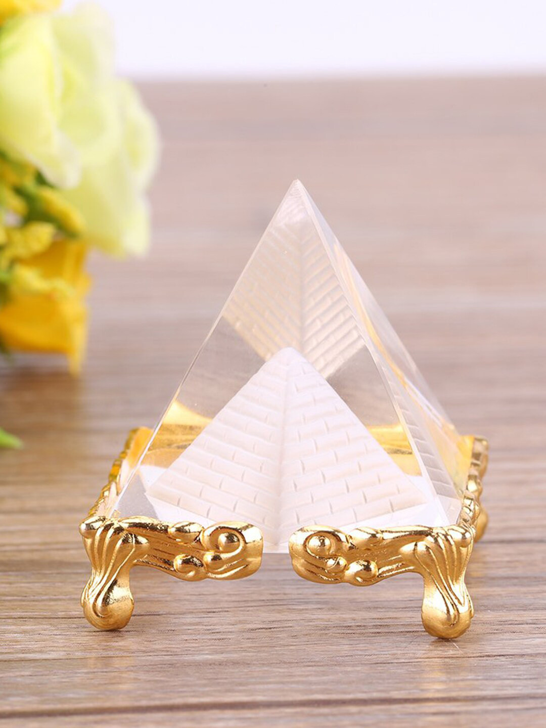 

Petrichor Transparent Small Crystal Pyramid with Gold Stand Showpieces