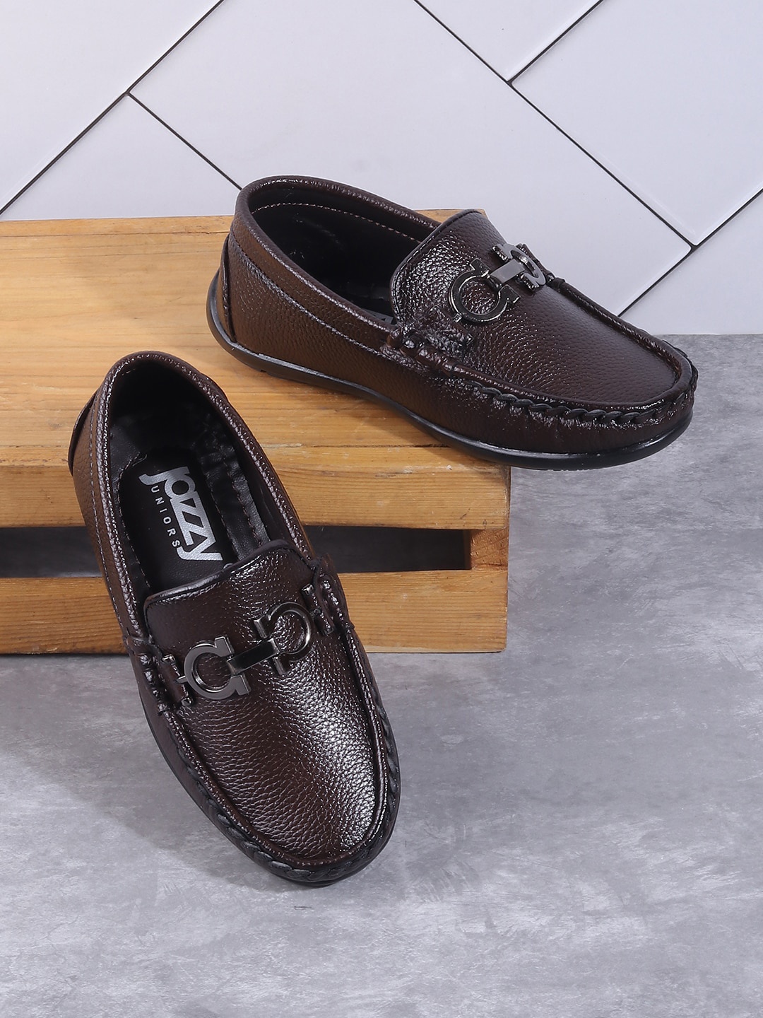 

Jazzy Juniors Boys Textured Slip-On Horsebit Loafers, Brown