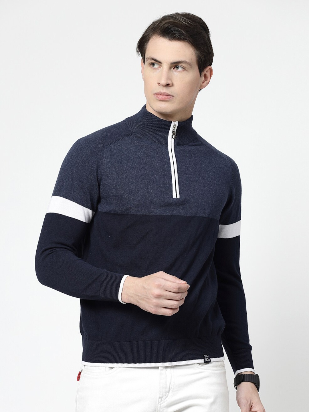 

Wool Trees Colourblocked High Neck Long Sleeves Cotton Pullover Sweatshirt, Navy blue