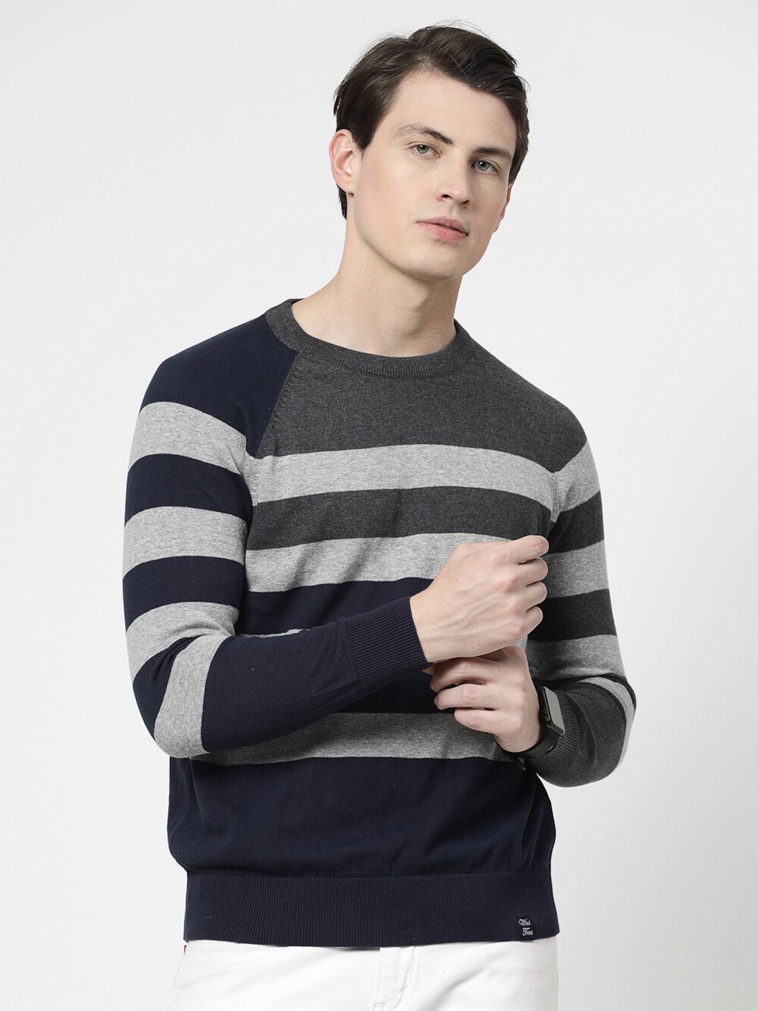 

Wool Trees Striped Pure Cotton Pullover, Navy blue