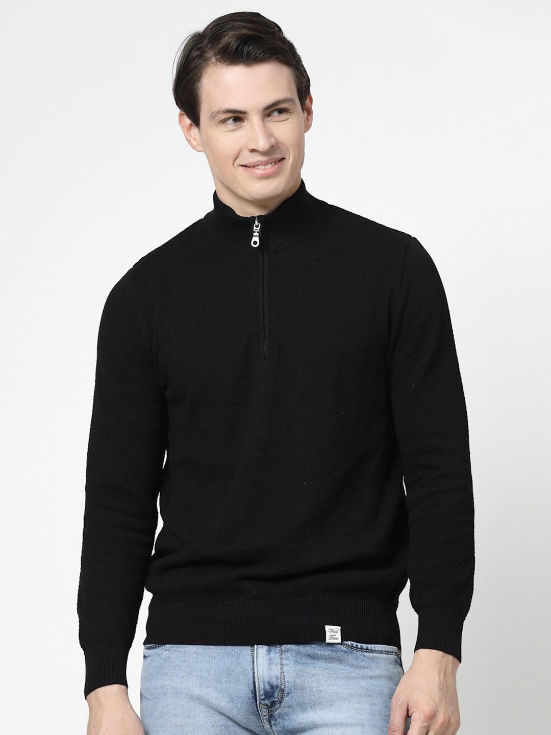 

Wool Trees Self Design Mock Collar Pure Cotton Pullover, Black
