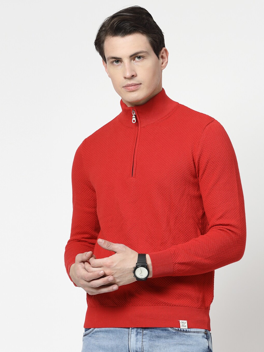 

Wool Trees Self Design Mock Collar Pure Cotton Pullover, Red