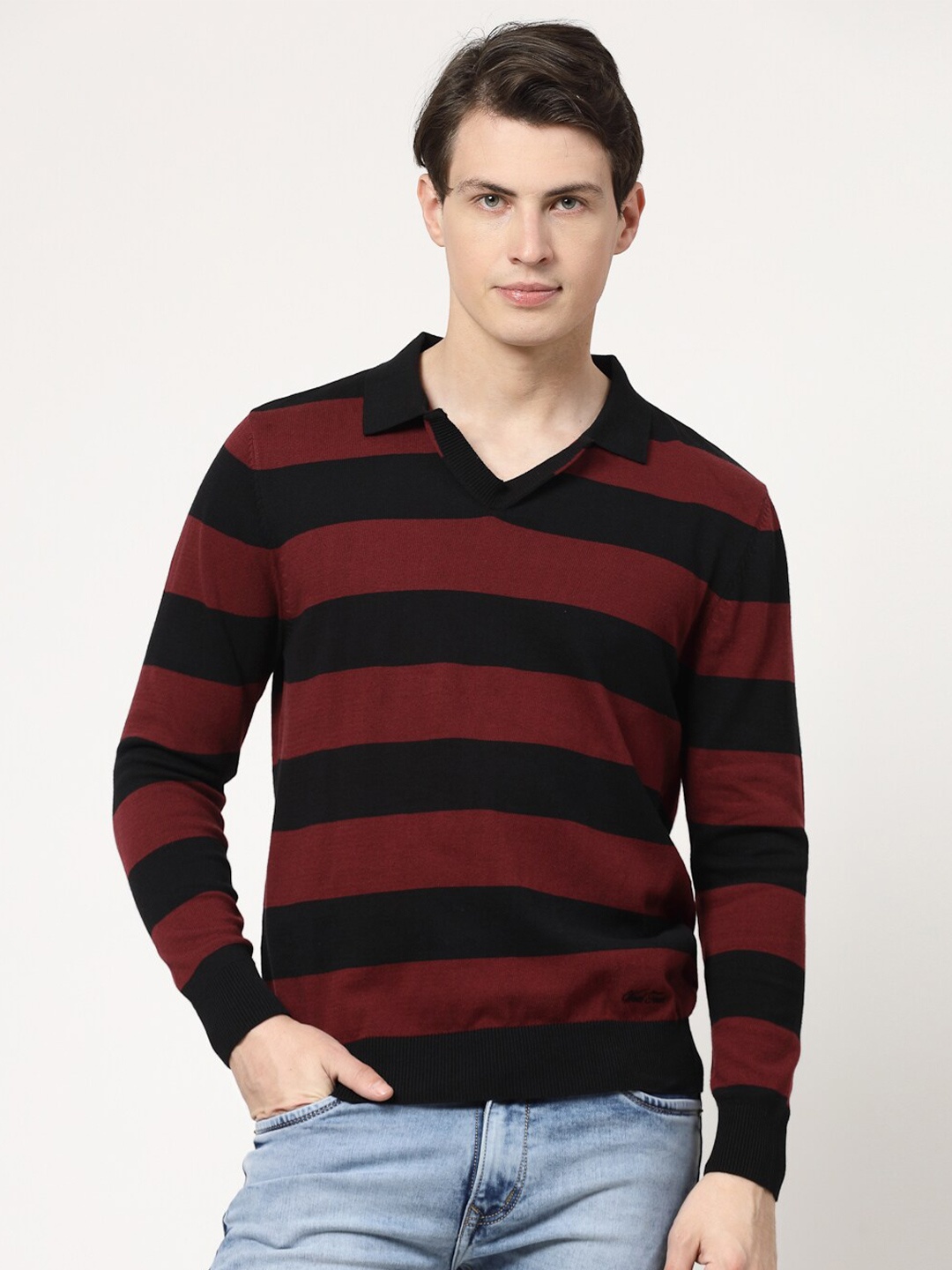 

Wool Trees Striped Shirt Collar Pure Cotton Ribbed Pullover Sweatshirt, Maroon