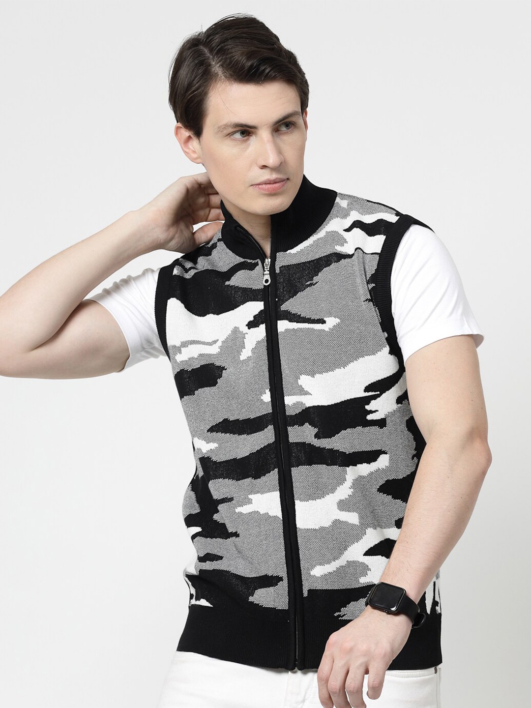 

Wool Trees Camouflage Mock Collar Sleeveless Pure Cotton Sweater Vest, Black