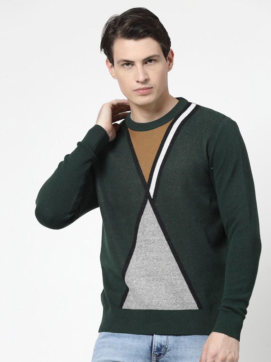 

Wool Trees Colourblocked Round Neck Pure Cotton Pullover Pullover, Green