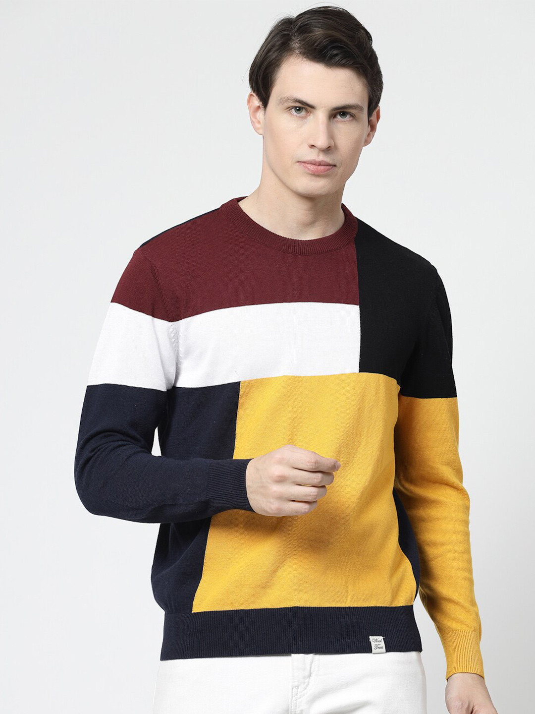 

Wool Trees Colourblocked Round Neck Pure Cotton Pullover Pullover, Yellow