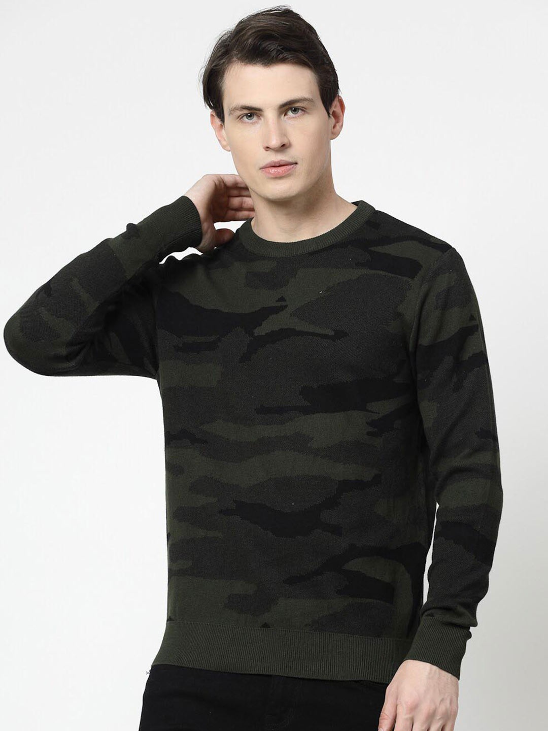 

Wool Trees Camouflage Printed Round Neck Pure Cotton Pullover Pullover, Olive