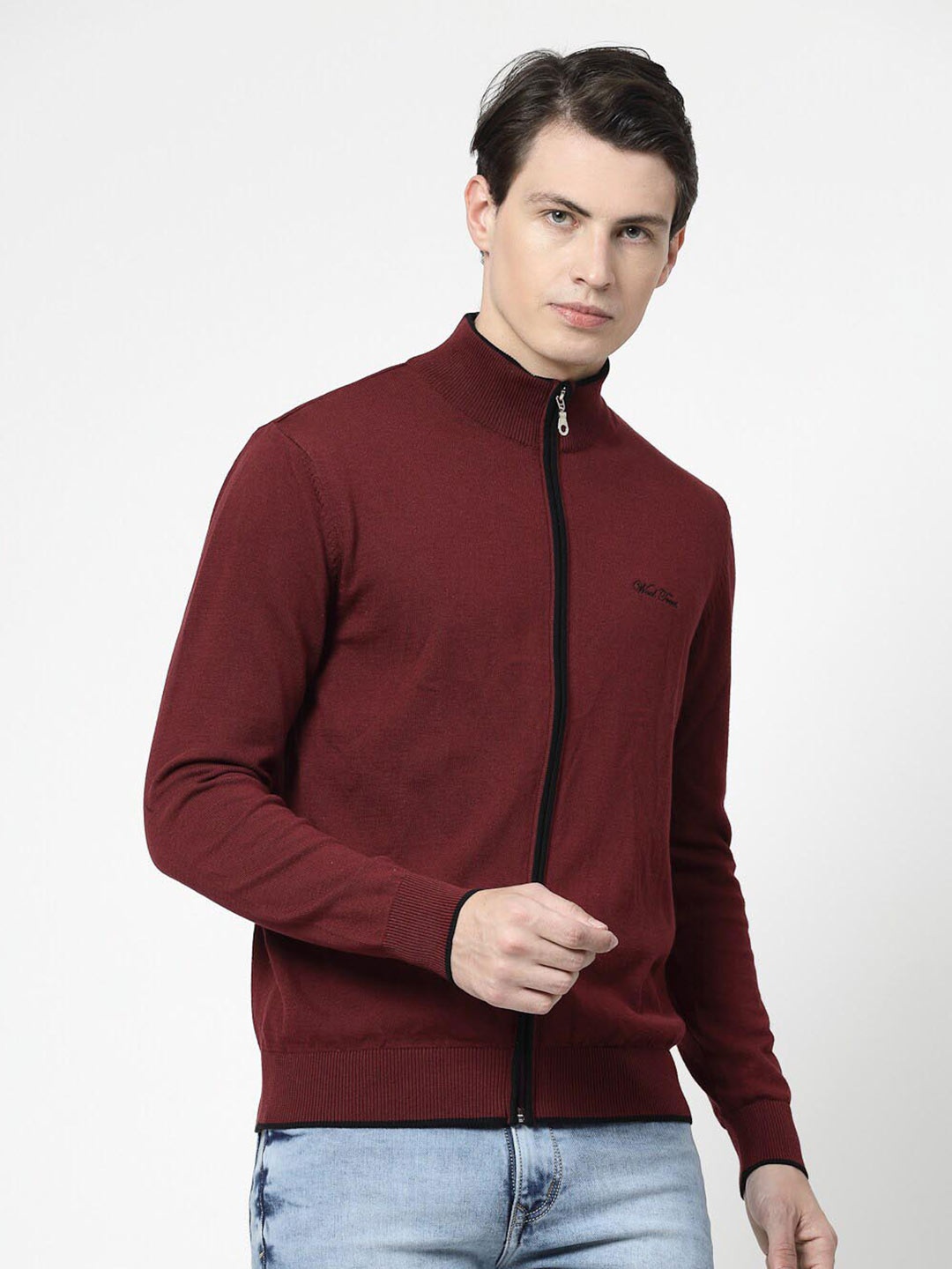 

Wool Trees Mock Collar Pure Cotton Front Open Sweatshirt, Maroon