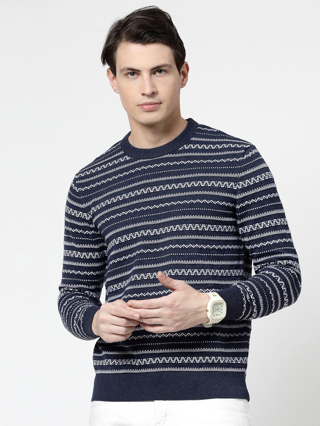 

Wool Trees Self Design Round Neck Cotton Sweatshirt, Navy blue