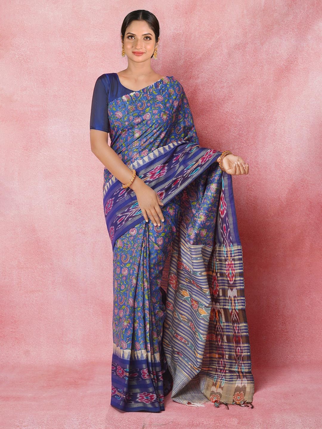 

Unnati Silks Ethnic Motifs Hand Block Printed Pure Handloom Tussar Silk Saree, Blue