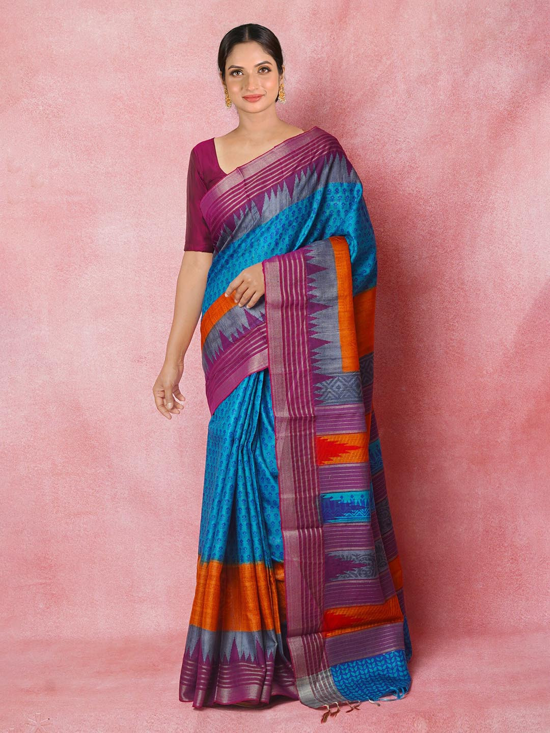 

Unnati Silks Ethnic Motifs Printed Pure Silk Handloom Tussar Saree, Blue