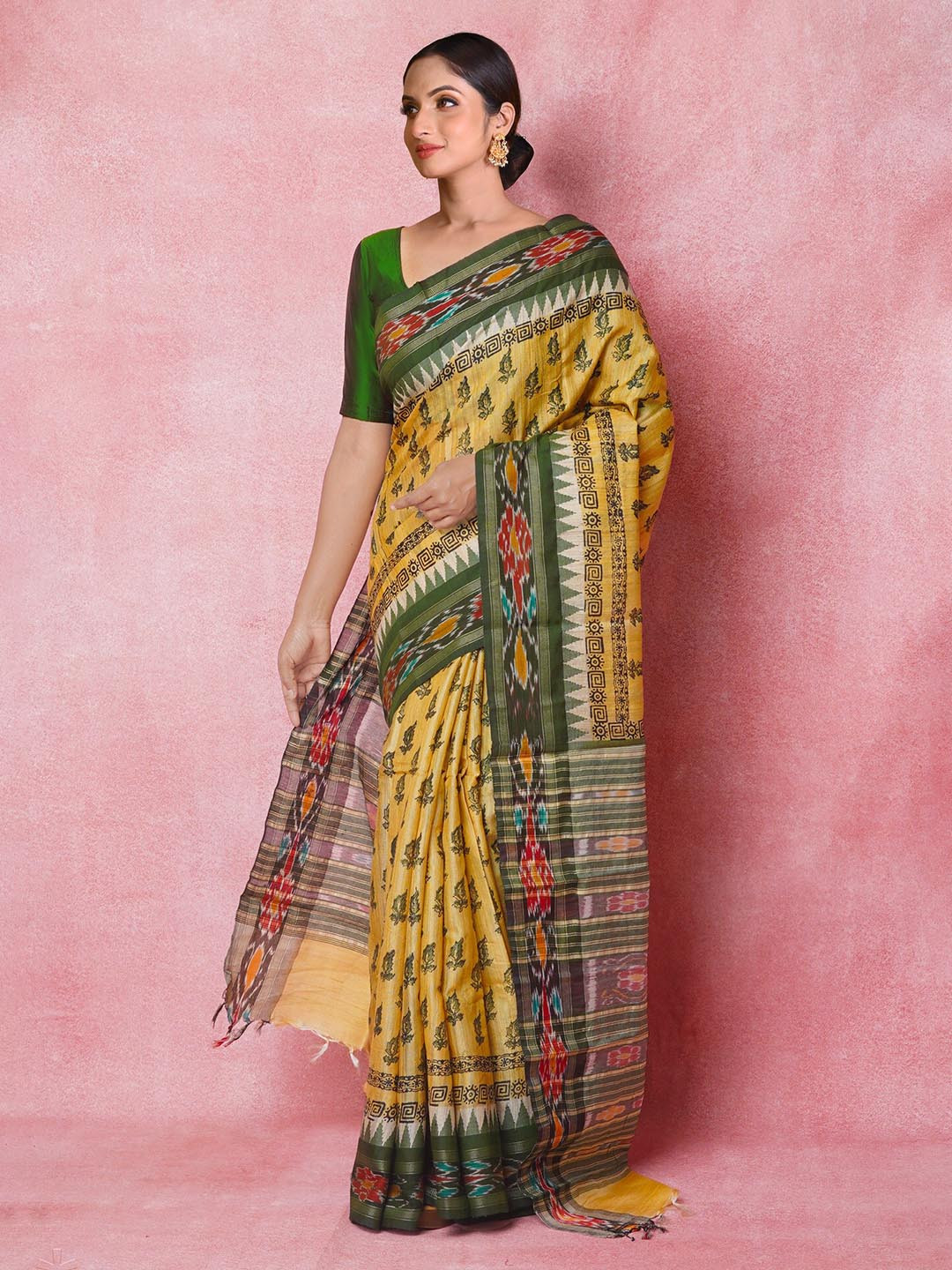 

Unnati Silks Ethnic Motifs Printed Pure Silk Handloom Tussar Saree, Yellow