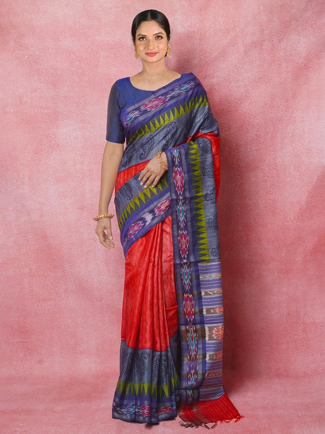 

Unnati Silks Paisley Printed Pure Silk Tussar Saree, Red