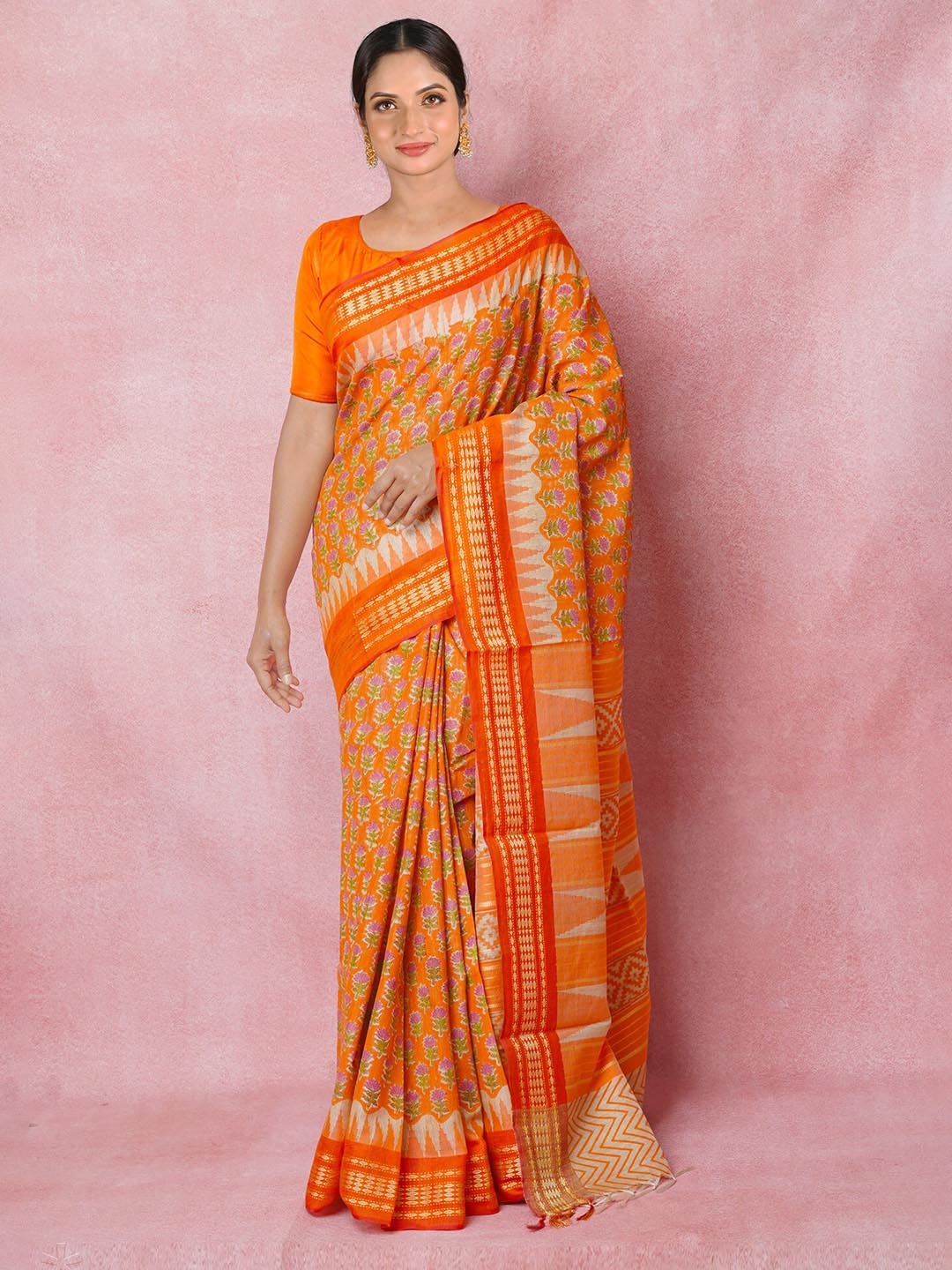 

Unnati Silks Ethnic Motifs Printed Pure Silk Tussar Saree, Orange