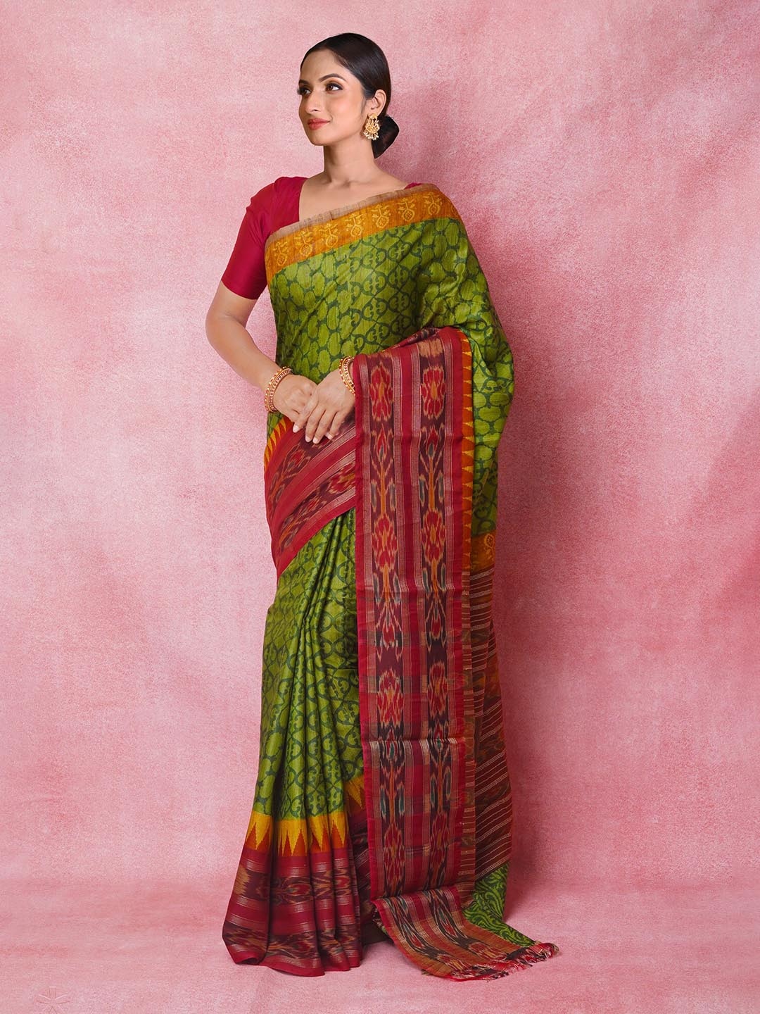 

Unnati Silks Ethnic Motifs Printed Pure Silk Tussar Saree, Green